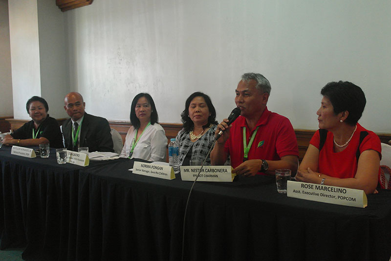 Mr. Nestor R. Carbonera, FPE Chairperson and Chief Executive Officer (second from right), calls for partnership and collaboration with different stakeholders to create a community-level PHE model fundamental in upscaling PHE in local governance during the event’s press conference. Also among the panelists is FPE Vice Chairperson, Archt. Socorro B. Atega (leftmost). 